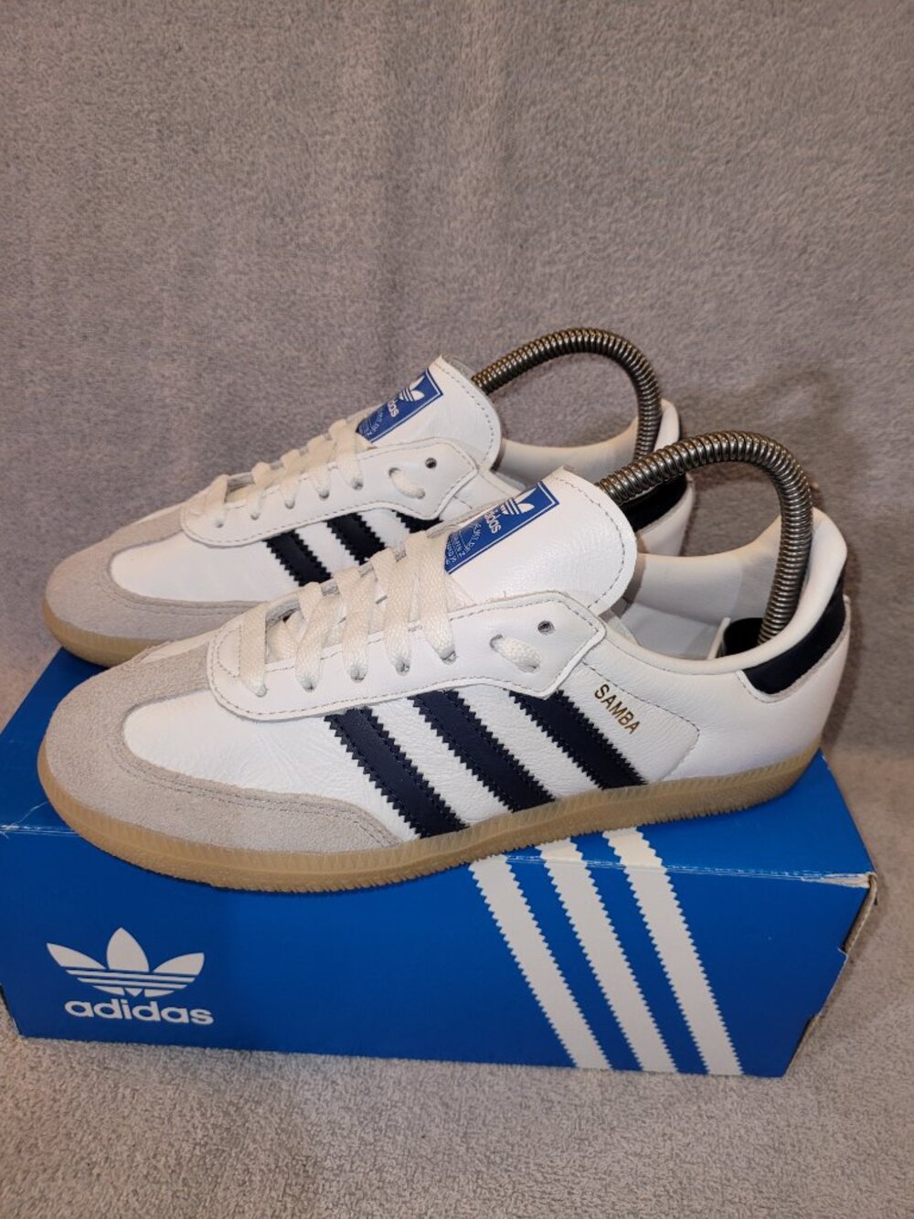 Adidas Samba OG Big Kid's Size 5 White Navy Blue Tan Gum Sneakers JI4464 (#2273)